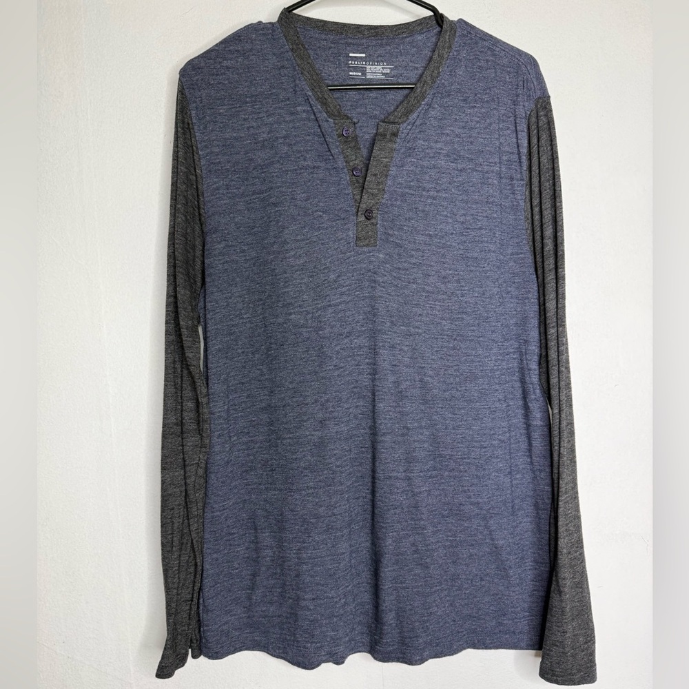 Stylish Men's Blue and Gray Long Sleeve Henley